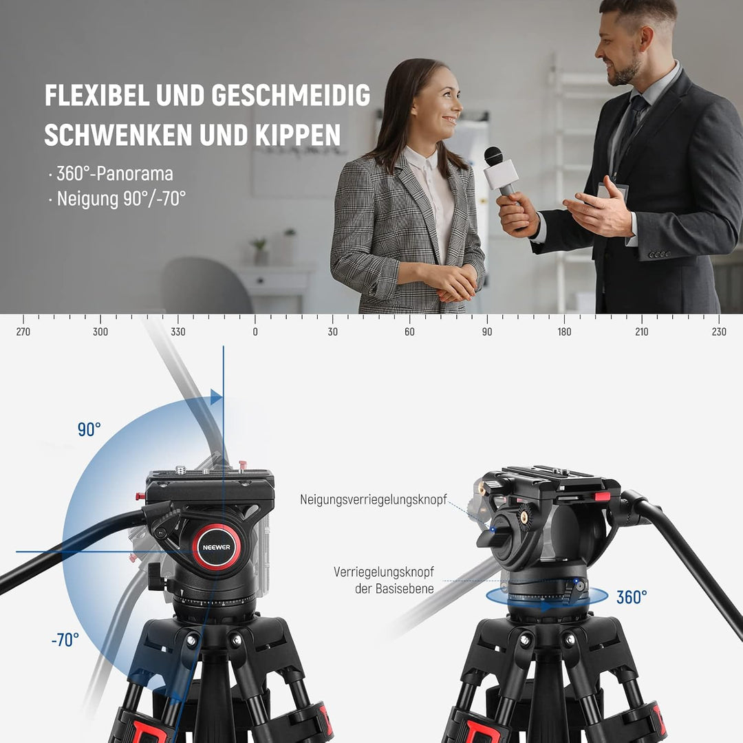 NEEWER 74" Videostativ mit Fluidkopf & Dämpfungsregelung, Aluminium Heavy Duty Kamerastativ Professi
