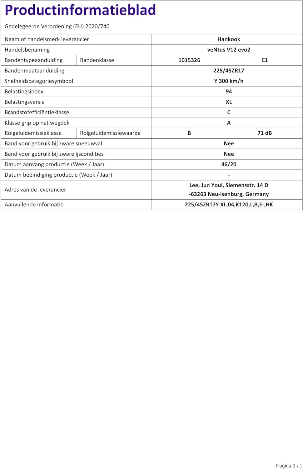 Hankook Ventus V12 evo2 K120 XL - 225/45R17 94Y - Sommerreifen