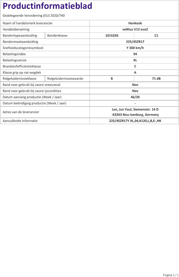 Hankook Ventus V12 evo2 K120 XL - 225/45R17 94Y - Sommerreifen