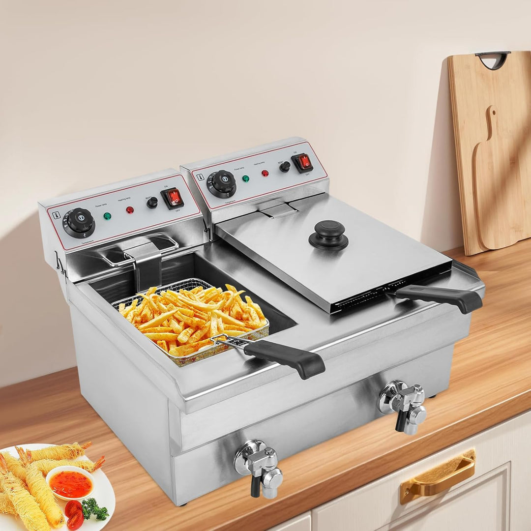 Fritteuse Friteuse Edelstahl 6000W, 2 Behälter 10L Friteuse, Elektro Fritteuse mit Bratkörbe, Überhi