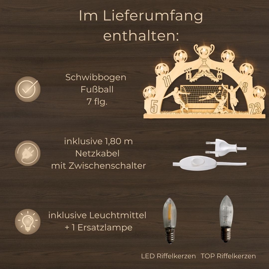 weigla - Schwibbogen original Erzgebirge 7 flg. Fussball - Lichterbogen Weihnachten - 7 x 34 V, 3 W,