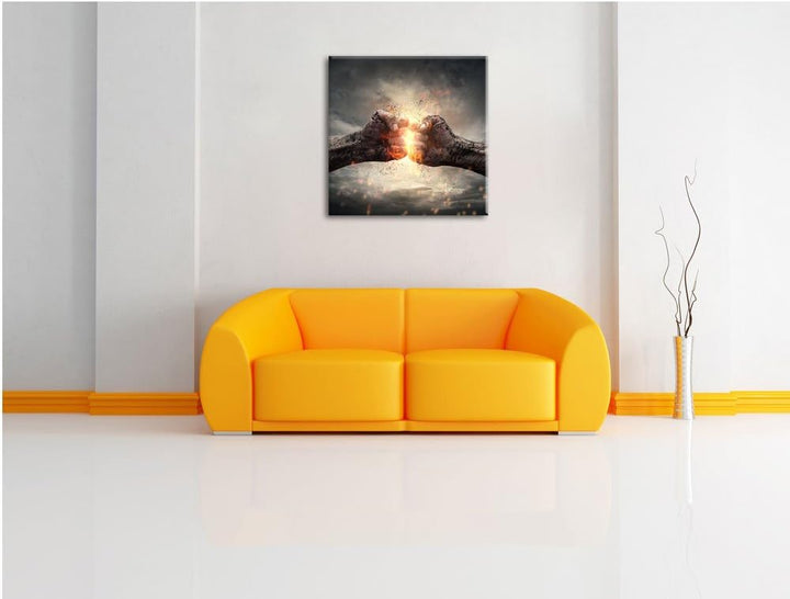 Pixxprint Fäuste treffen Sich mit Energie, Format: 70x70 auf Leinwand, 70x70
