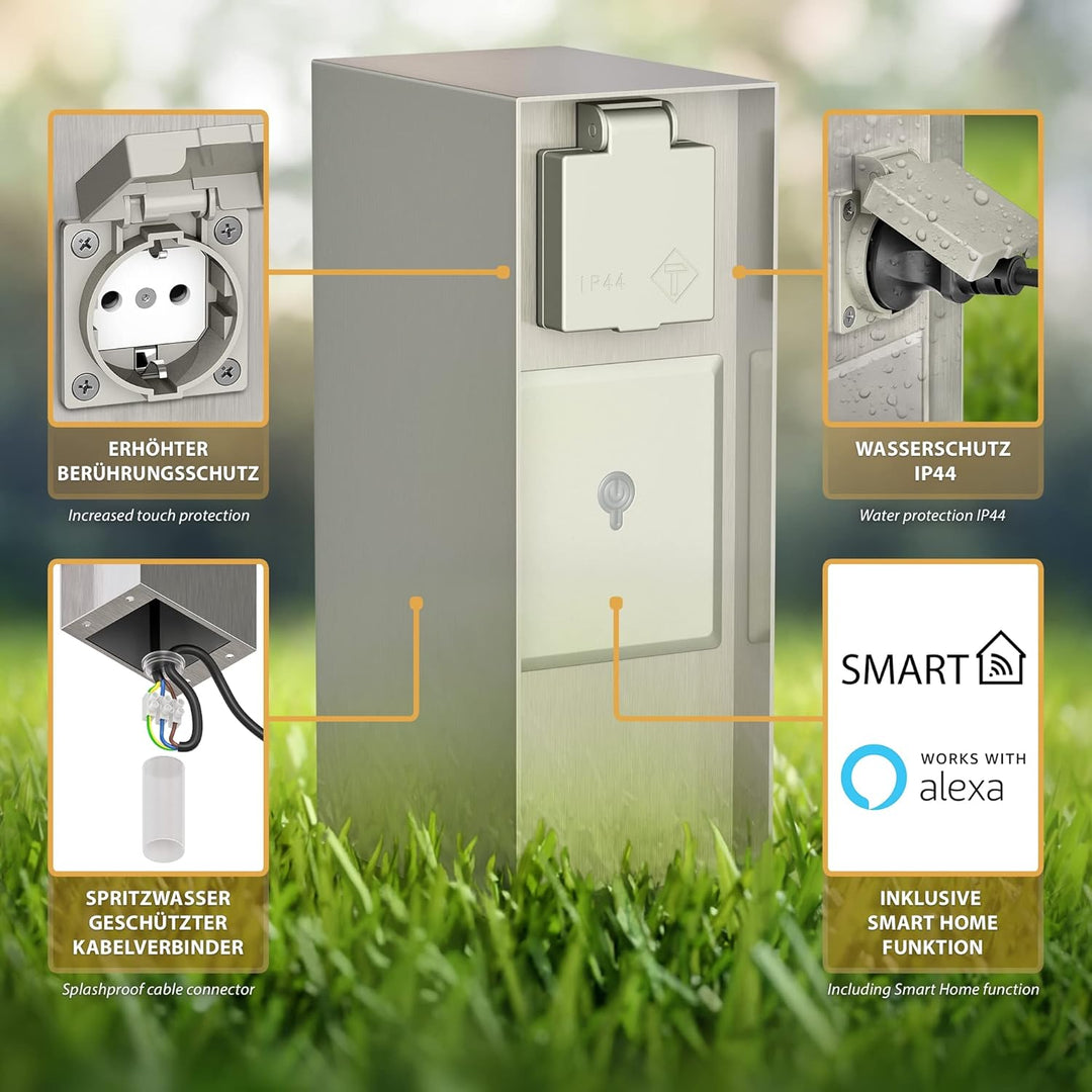 ledscom.de Garten-Steckdosensäule POMI mit Erdspiess für aussen, IP44, Smart Home, WLAN, Alexa, 3-Fa