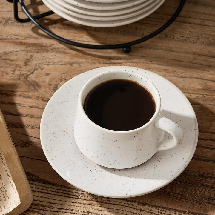 PORCER 6×130 ml (4,4 oz) Keramik-Kaffeetasse und Untertasse mit schwarzem Metallständer, stapelbare