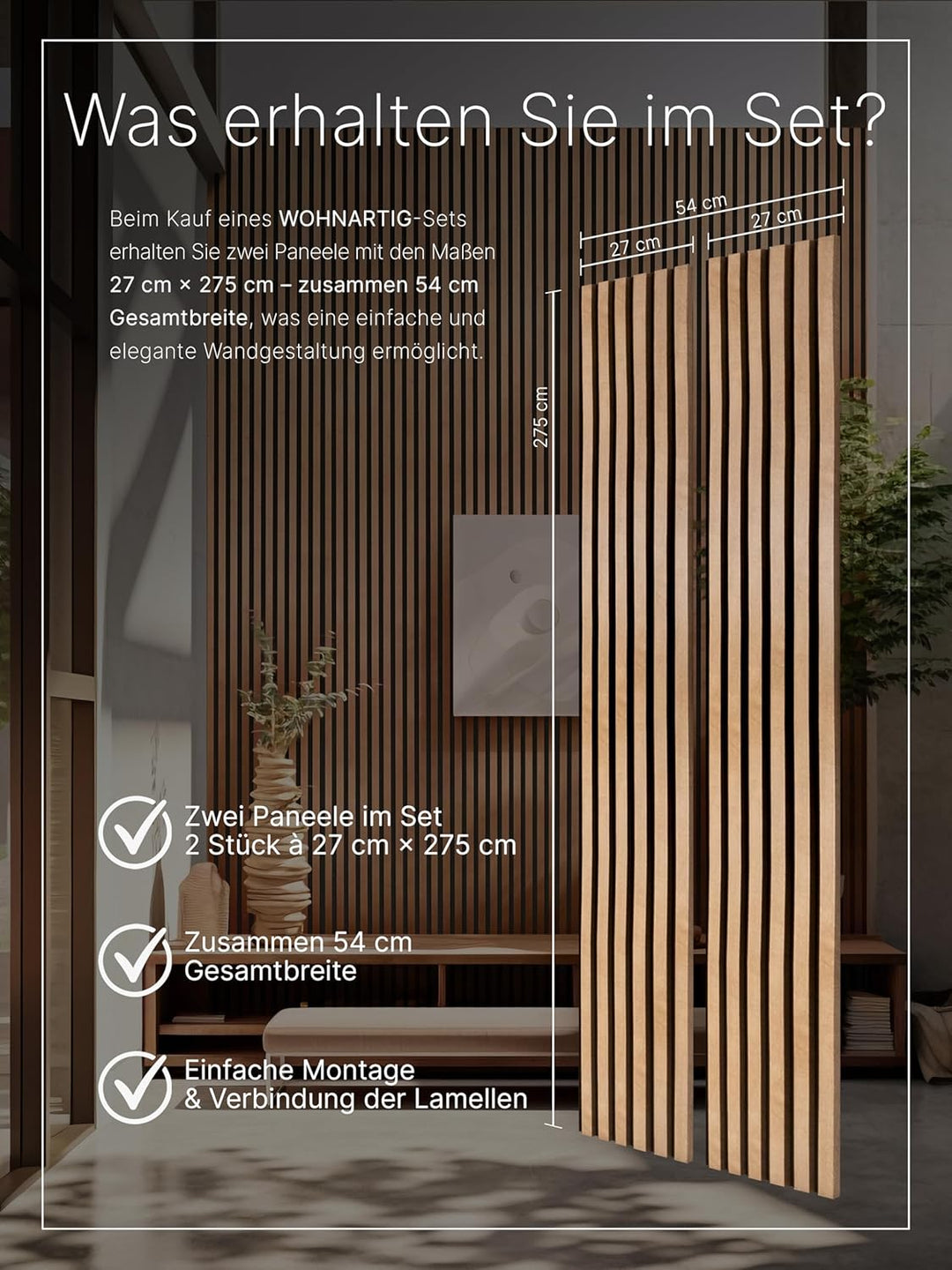 Akustikpaneele 1,485m² - 275cm x 54cm* set - (set = 2 Stück 275cm x 27cm) | Farbe: Buche 206 | Wandv