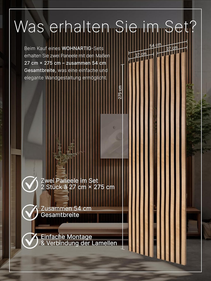 Akustikpaneele 1,485m² - 275cm x 54cm* set - (set = 2 Stück 275cm x 27cm) | Farbe: Buche 206 | Wandv