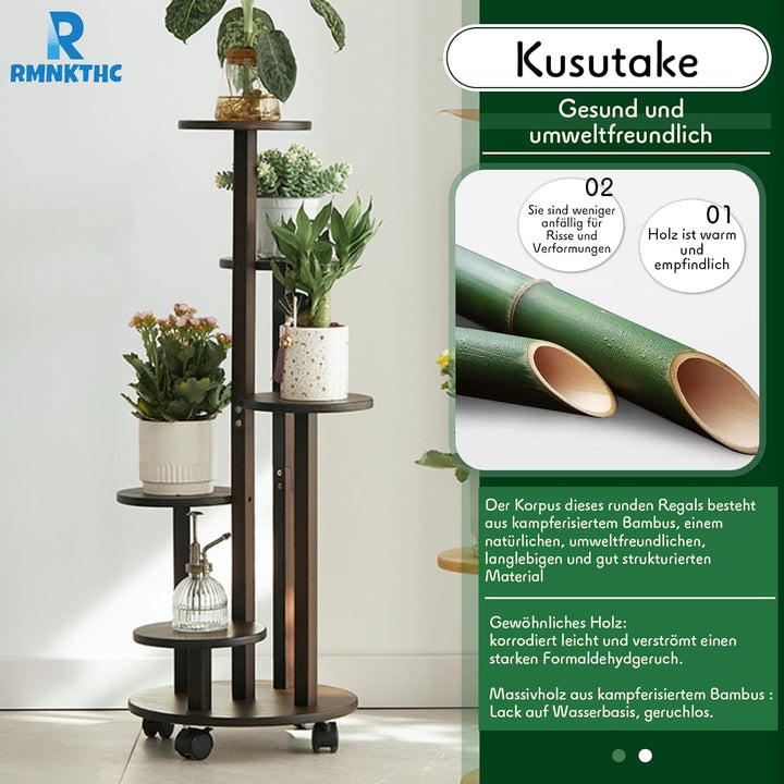Bambus Blumenregal mit Rollen | 5-stufig 20kg Traglast | Naturmaterial wasserfest | Einfache Montage