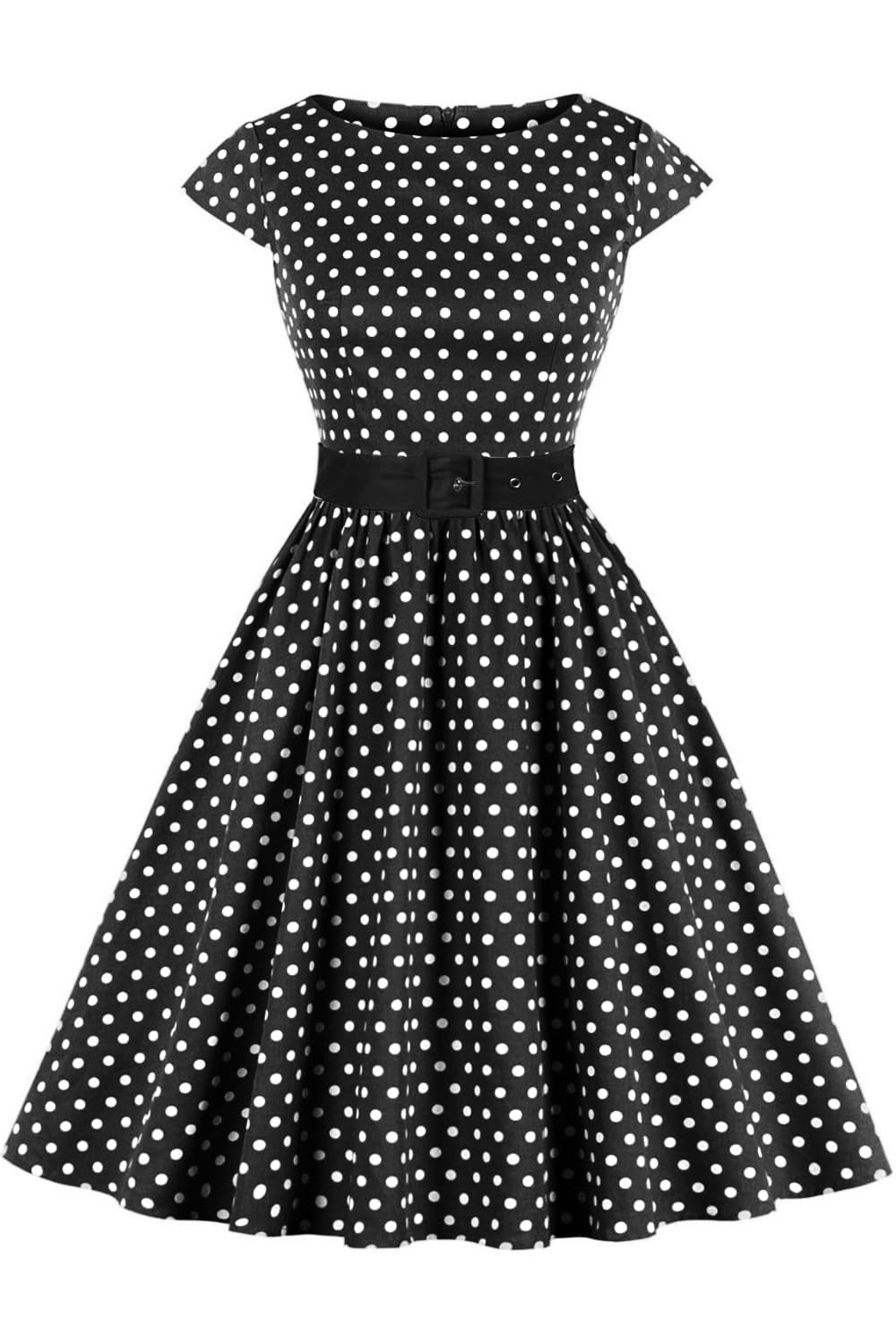 AXOE Damen Rockabilly Kleider 50er Jahre Baumwolle Gürtel S Schwarz, S Schwarz