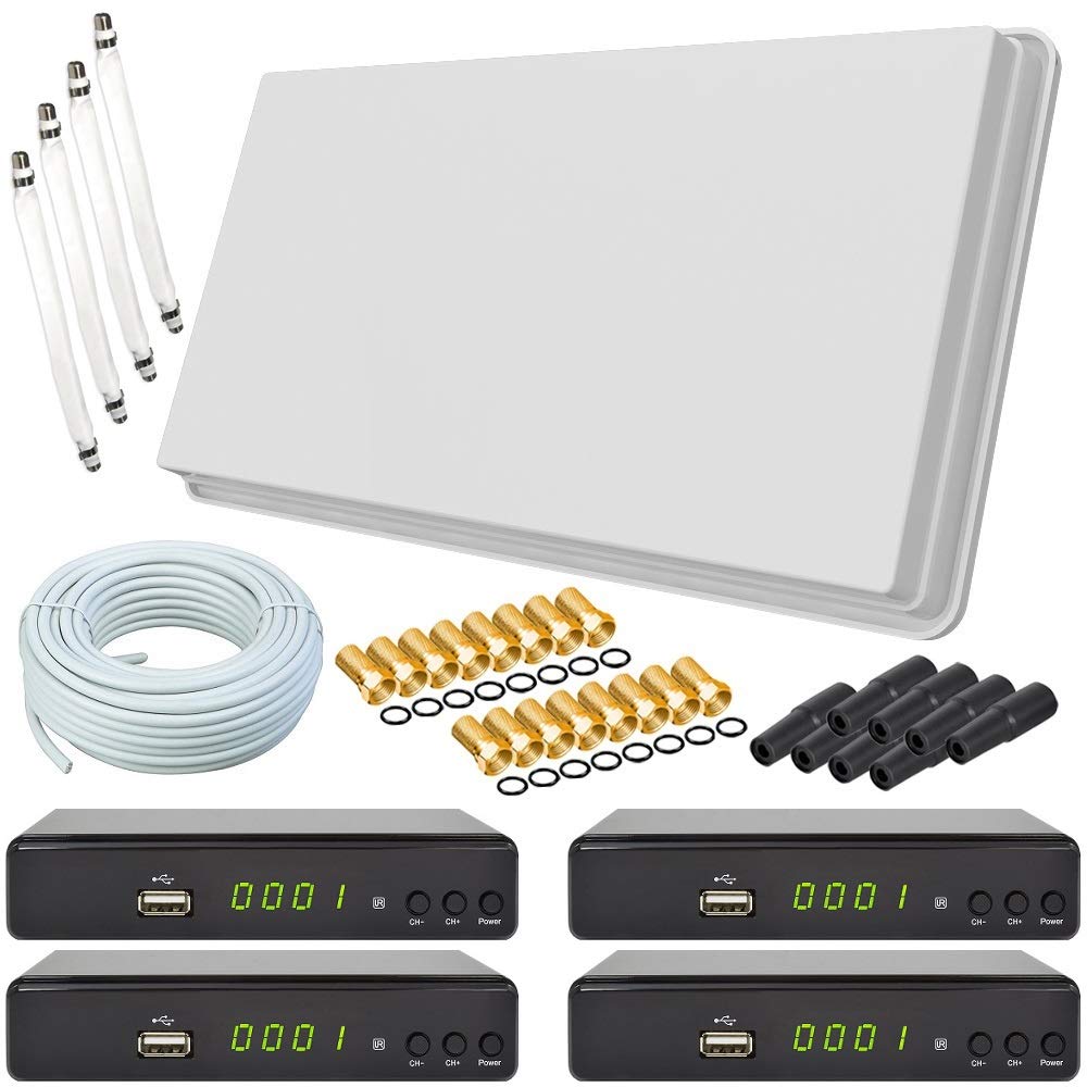 netshop 25 Set: Selfsat H30D4+ Flachantenne Quad + 4 HD Receiver + 50m Kabel + Fensterhalterung + 4