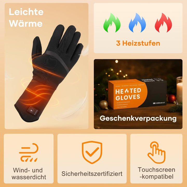 Beheizbare Handschuhe für Herren Damen, Wiederaufladbare Beheizte Handschuhe mit Touchscreen, Wasser