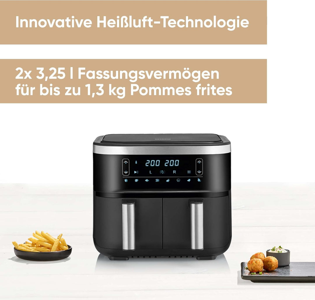 SEVERIN Doppel Heissluftfritteuse mit 2 x 3,8 L Garraum, XXL Heissluftfritteuse für gesundes Kochen,