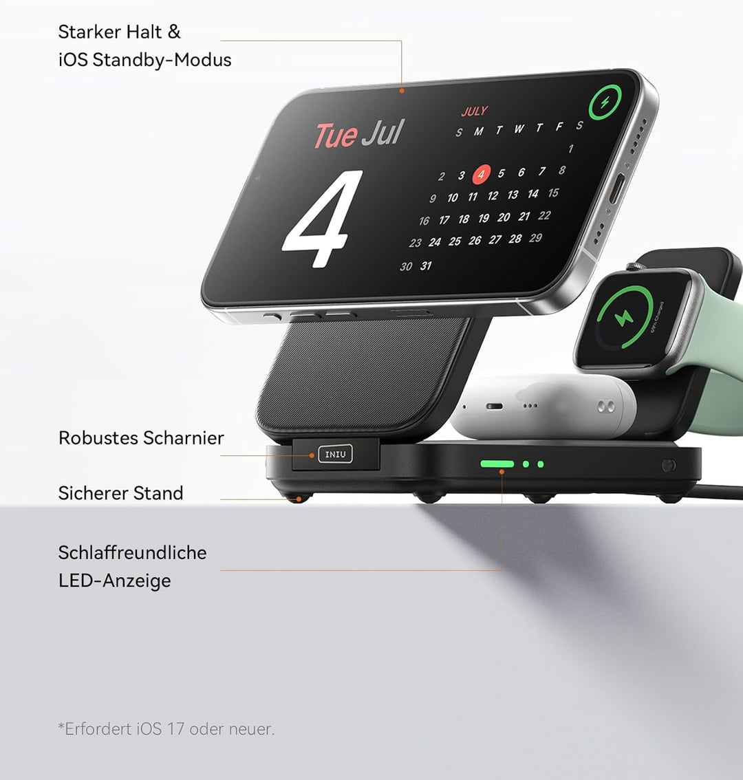 INIU Induktive iPhone Ladestation 3 in 1, 15W Qi2-Zertifiziertes Magnetisches Kabelloses Ladegerät F