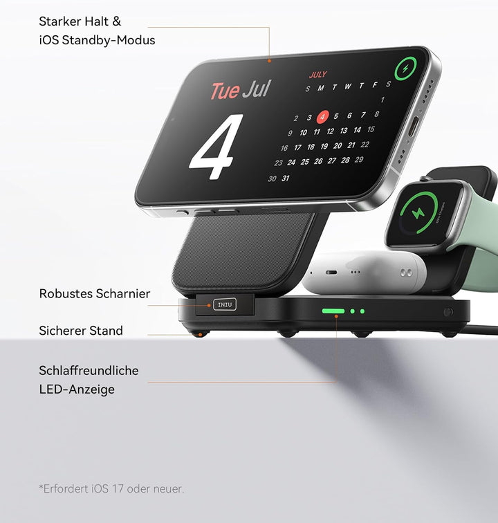 INIU Induktive iPhone Ladestation 3 in 1, 15W Qi2-Zertifiziertes Magnetisches Kabelloses Ladegerät F