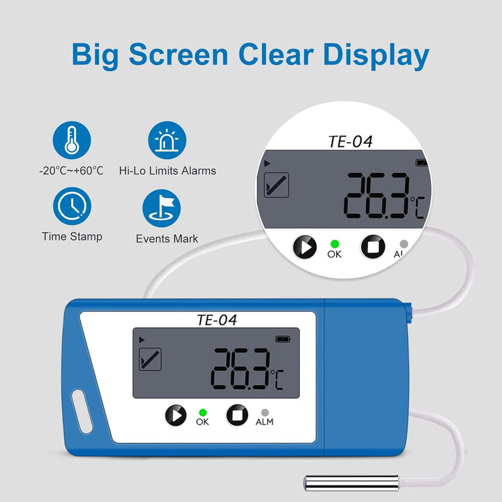 ThermElc Temperaturdatenlogger, Temperaturlogger mit externem Sensor, PDF & EXCEL Bericht, USB Daten