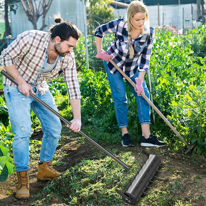 Aerifizierer für Rasen, Walzentyp Rasenbelüfter, Hand Rasenlüfter mit Stiel & 5cm Nägeln & Spritzsch
