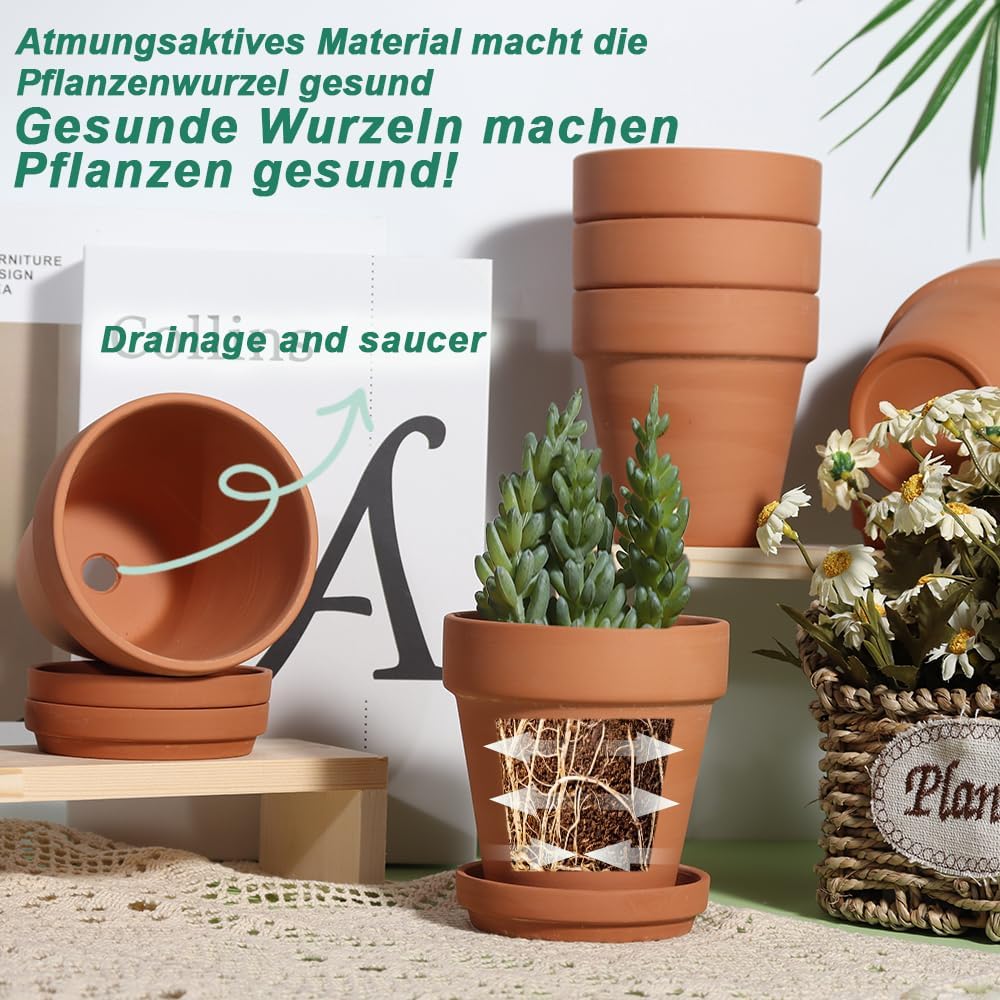 vensovo 10cm Terrakotta-Töpfe mit Untertasse - 6er-Pack Tonblumentöpfe mit Drainage, ideal für Pflan