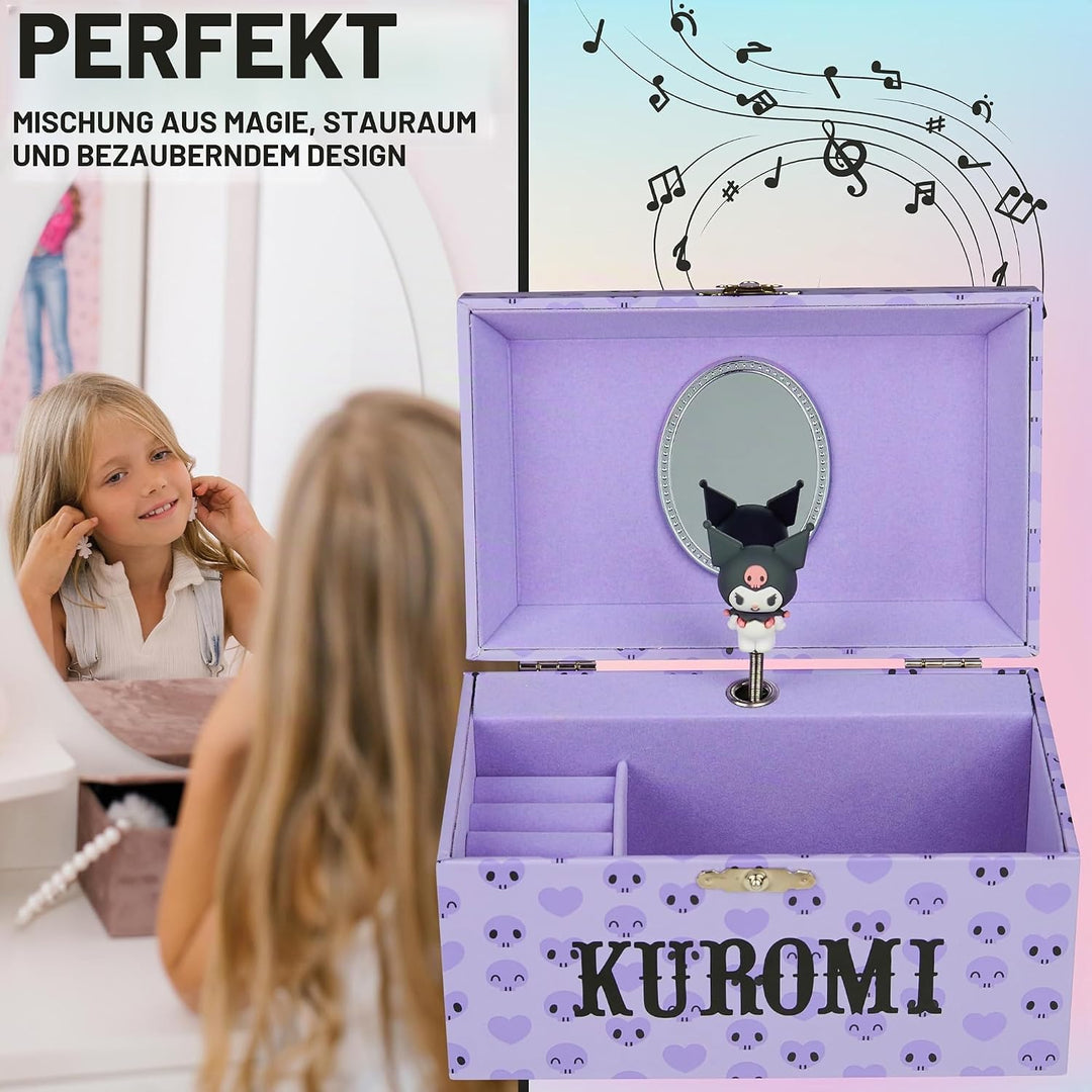 Hello Kitty Sanrio Kuromi Schmuckkästchen Mädchen mit Spieluhr, Spiegel, Schmuckschatulle Kinder für