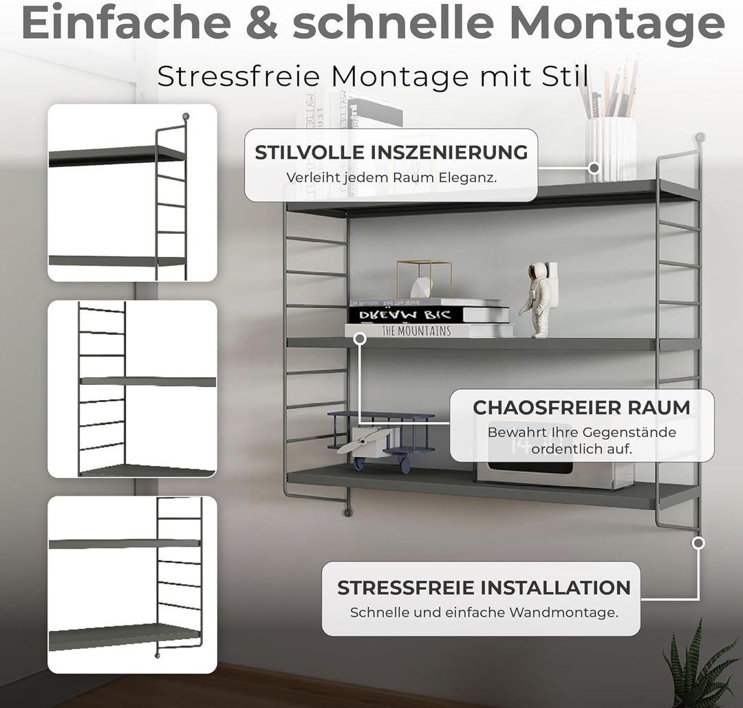 [en.casa] Modulares Wandregal Strängnäs 2er Set Metallregal Anthrazitgrau Hängeregal mit 3 Regalböde