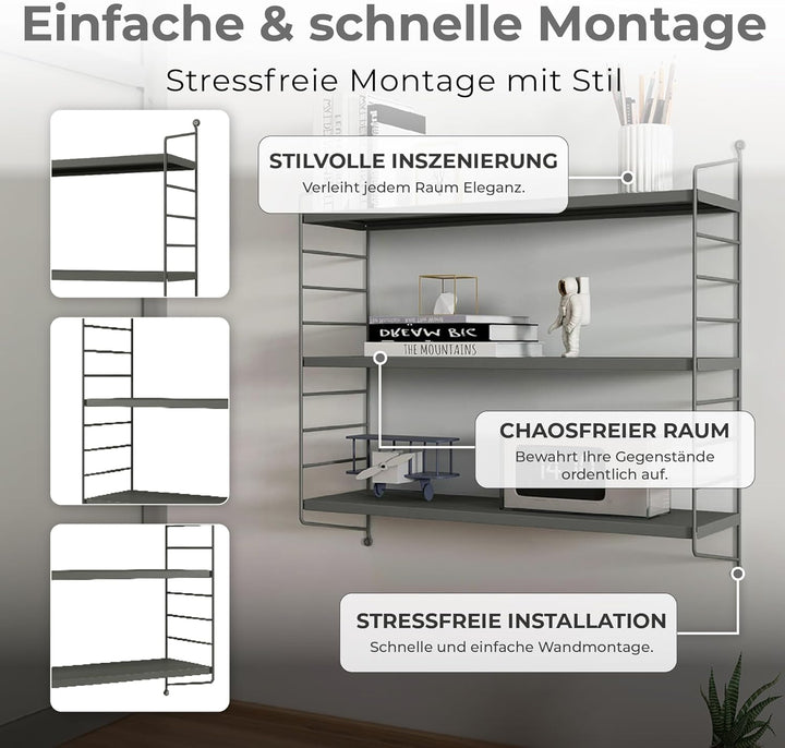 [en.casa] Modulares Wandregal Strängnäs 2er Set Metallregal Anthrazitgrau Hängeregal mit 3 Regalböde