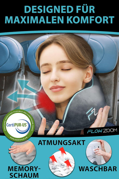 FLOWZOOM® Comfy Nackenhörnchen Nackenkissen Flugzeug & Auto Reise-Kissen aus Memory-Foam mit schmale