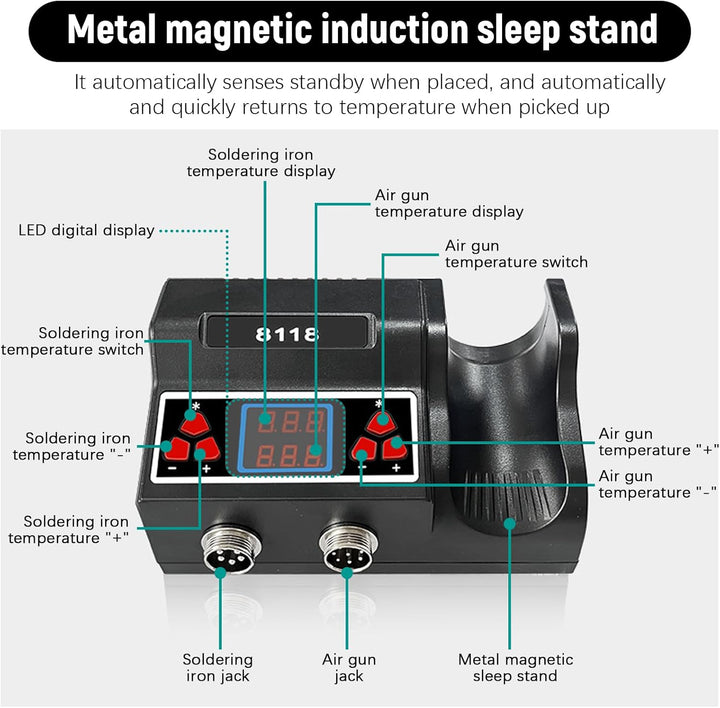 2 in 1 Heissluft Lötstation, 700W Lötstation mit 5 zusätzlichen Lötspitzen und 3 Heissluftdüsen, Hei