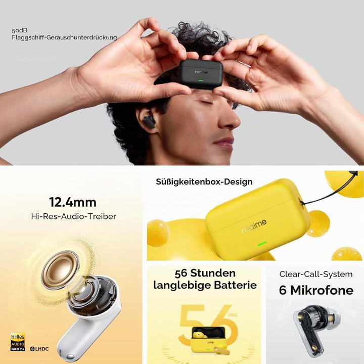 realme Buds T500 Pro In Ear kopfhörer Bluetooth mit 50dB ANC, 56h Spielzeit, Hi-Res Sound, Bluetooth