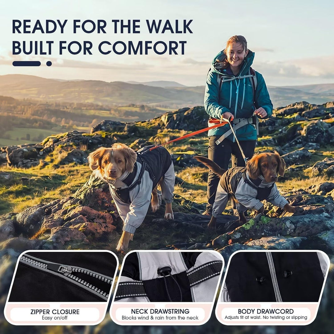 IECOii Regenjacke Hund wasserdicht Full-Body 4-Leg mit Kapuze,Beinen,Reissverschluss und eingebautem