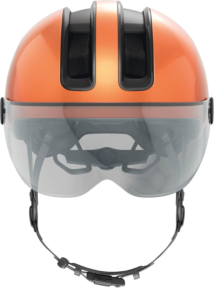ABUS Stadthelm HUD-Y ACE - stylischer Fahrradhelm mit Visier und magnetischem, aufladbarem LED-Rückl