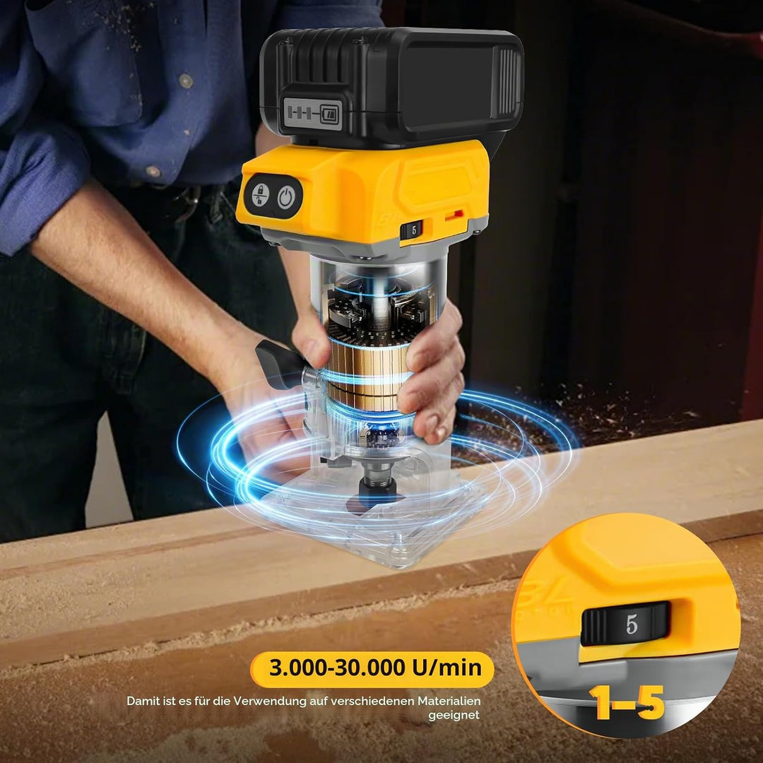 Akku Oberfräse kompatibel für Dewalt 20V Batterie, 800W Bürstenloser Trimmer Router mit 5 Gängen, 30