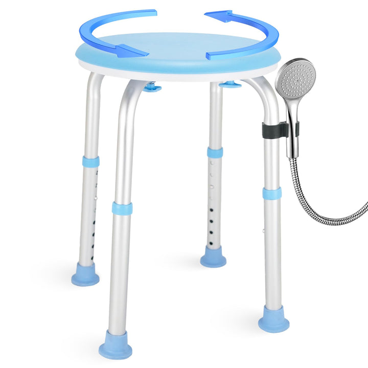 Duschhocker 360° drehbar mit Duschkopfhalter, bis 136 kg, 8-Fach höhenverstellbar, rutschfeste Gummi
