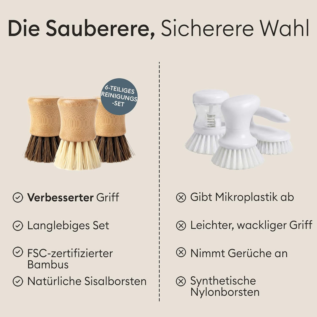 Vove Küchen-Reinigungsset – Bambus-Spülbürste mit Ersatzkopf, 2 Scheuerbürsten & 2 Scheuerschwämme –