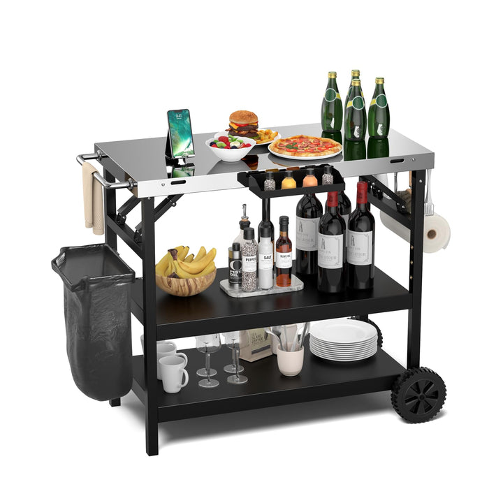 KOMFOTTEU Grillwagen klappbar, Grilltisch mit Edelstahl Arbeitsplatte, Outdoor Rollwagen mit 2 Rolle