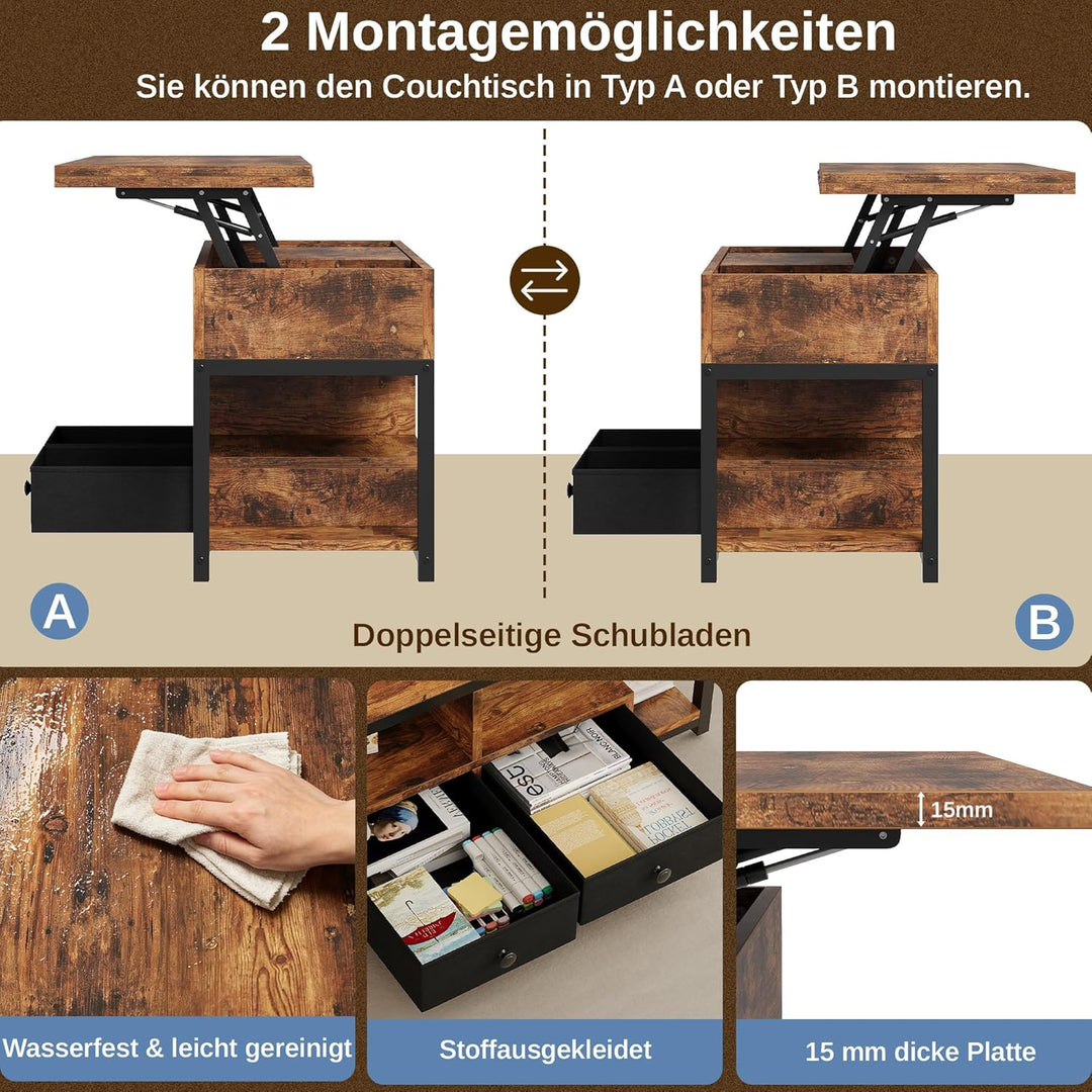 IRONCK Couchtisch Höhenverstellbar, LED Wohnzimmertisch mit Steckdosen, 2AC+USB+USB‑C, Kaffeetisch H