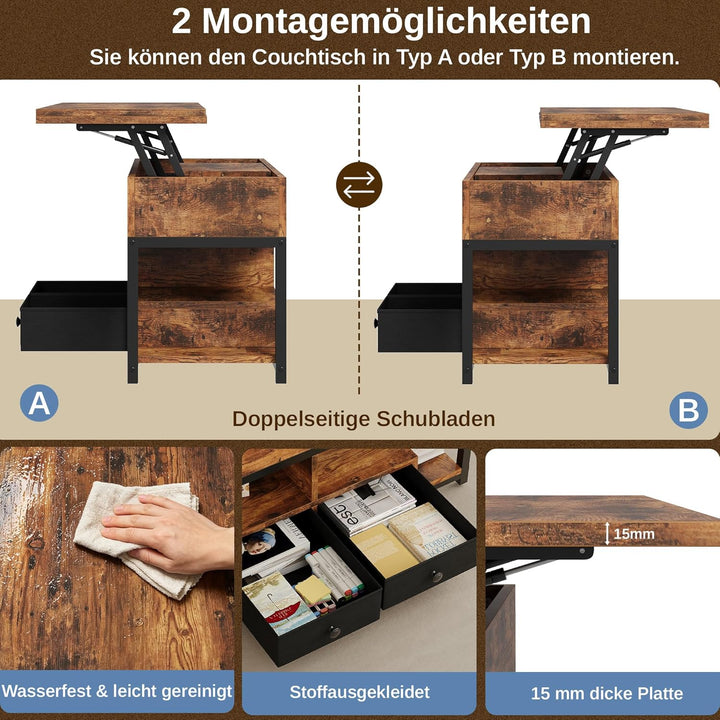 IRONCK Couchtisch Höhenverstellbar, LED Wohnzimmertisch mit Steckdosen, 2AC+USB+USB‑C, Kaffeetisch H