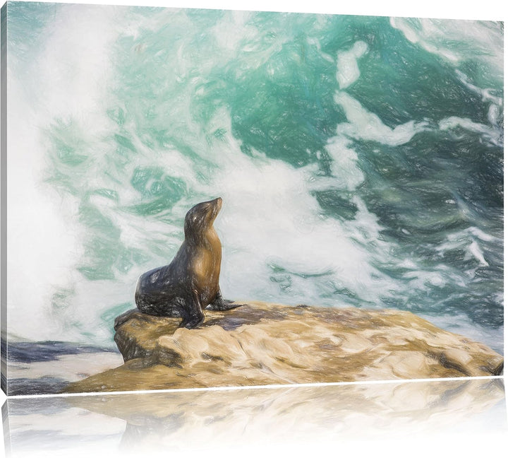 Pixxprint süsse Robbe sonnt Sich Kunst Buntstift Effekt, Format: 100x70 auf Leinwand, XXL riesige Bi