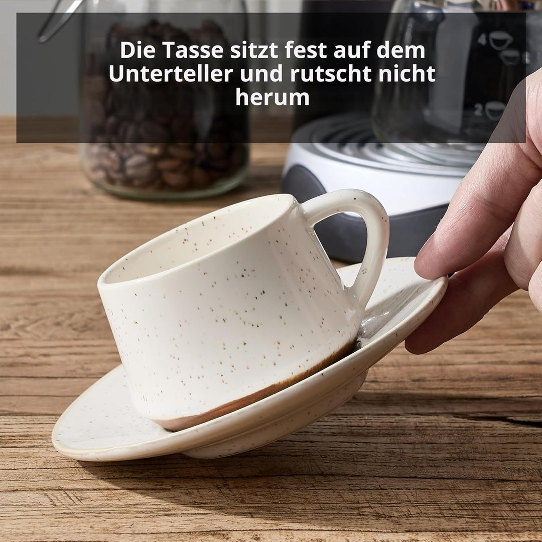 PORCER 6×130 ml (4,4 oz) Keramik-Kaffeetasse und Untertasse mit schwarzem Metallständer, stapelbare