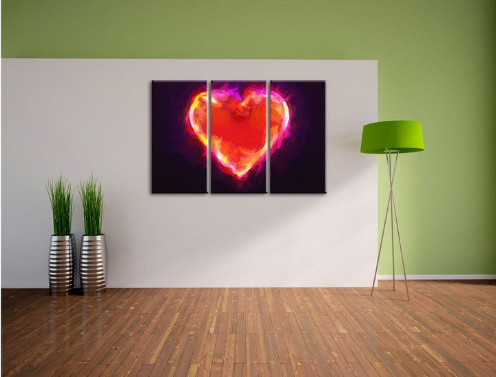 Pixxprint Herz aus Feuer Pinsel Effekt 3-Teiler Leinwandbild 120x80 Bild auf Leinwand