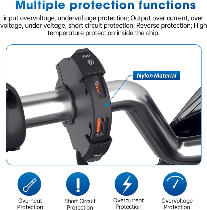 USB C Steckdose 12V Motorrad Ladegerät 48W QC3.0 USB-A und PD Type-C Wasserdichter IP65 für 12V-24V