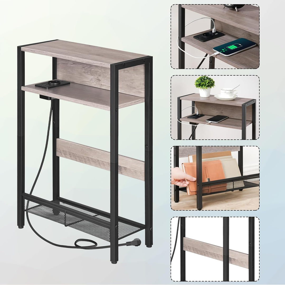 Beistelltisch Schmal, Couchtisch mit Ladestation, 3-stufiger Nachttisch, Sofatisch mit 2 Holzwerksto