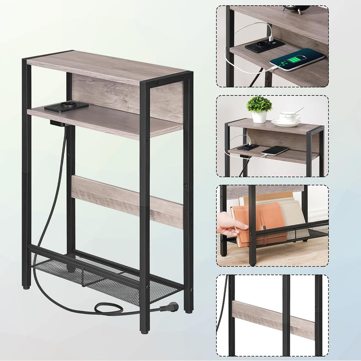 Beistelltisch Schmal, Couchtisch mit Ladestation, 3-stufiger Nachttisch, Sofatisch mit 2 Holzwerksto