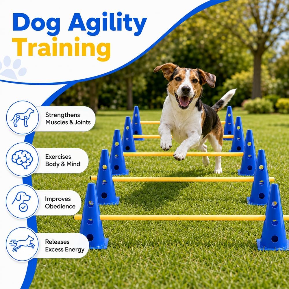 Steckhürdenset, Agility Set Hunde mit 8 Kegel(23cm) + 4 Stangen(1 m), Cavaletti Hund für Koordinatio
