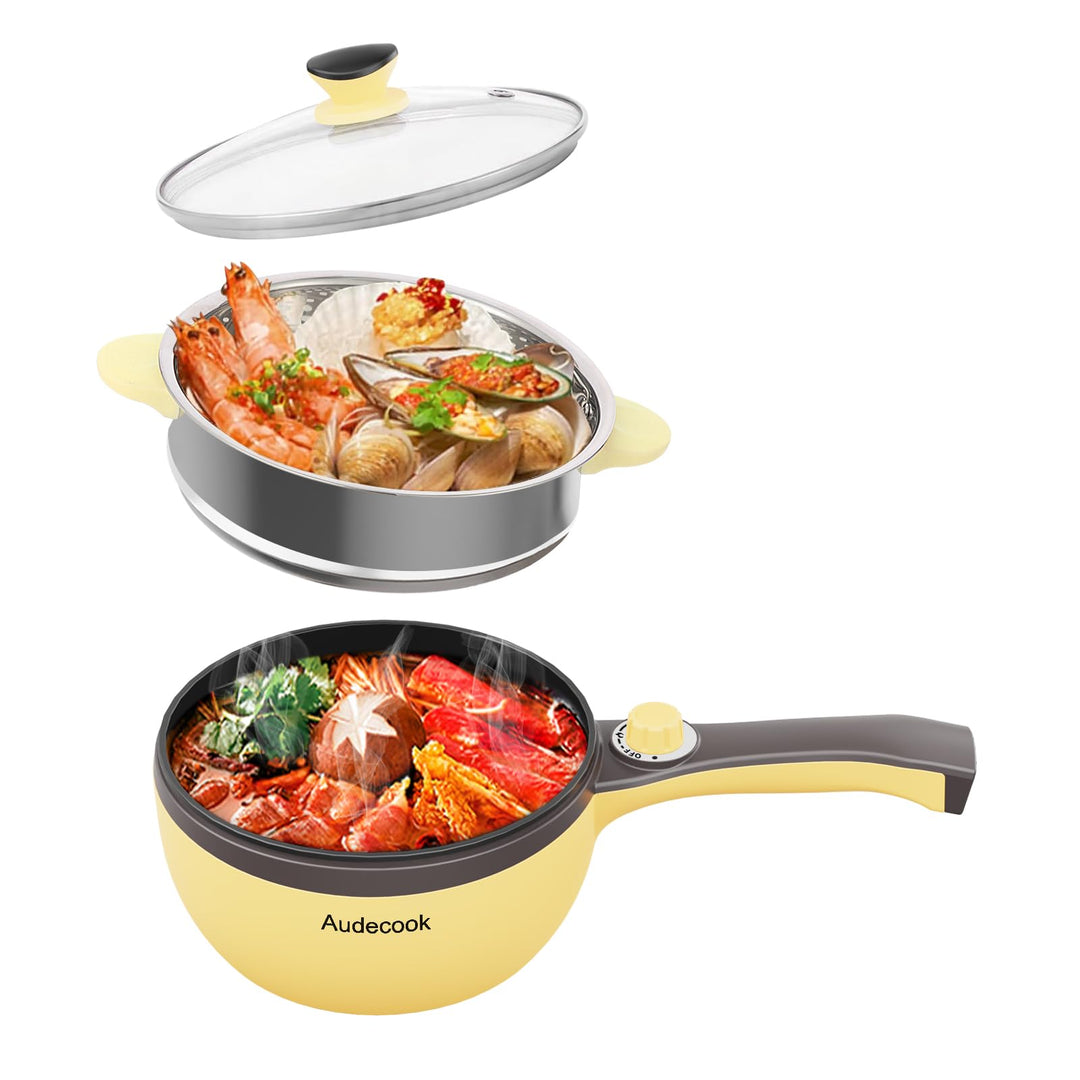 Audecook Elektrische Bratpfanne, Hot Pot Topf 20cm, Antihaft Mini elektropfanne mit Dampfgarer, Mult
