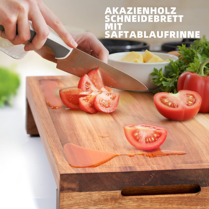 COCOBOSS Schneidebrett Holz mit Auffangschale, 35,5x25x8.7cm Akazien Schneidebrett mit Auffangschale