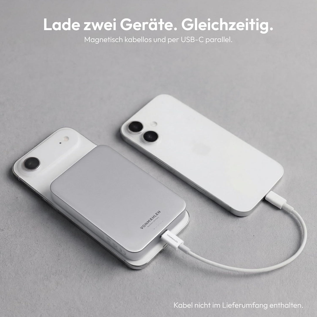 VONMÄHLEN Evergreen Mag 10.000 mAh Qi2-Powerbank – kabelloses Laden mit 15W, kompatibel mit MagSafe,