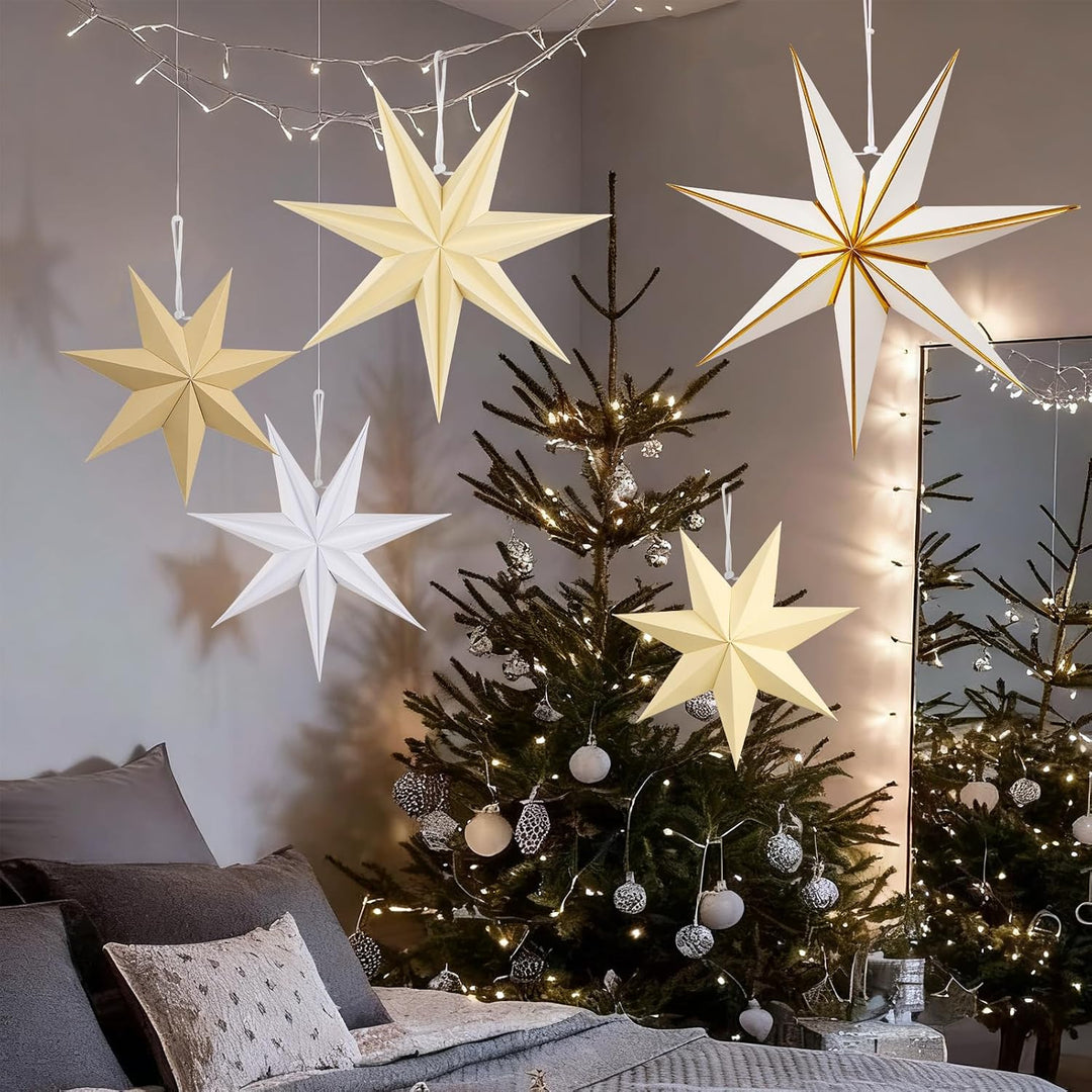 SUNBEAUTY 5 Stück Papiersterne zum Aufhängen Weiss,Braun Papiersterne Weihnachten 7 Zacken Faltstern