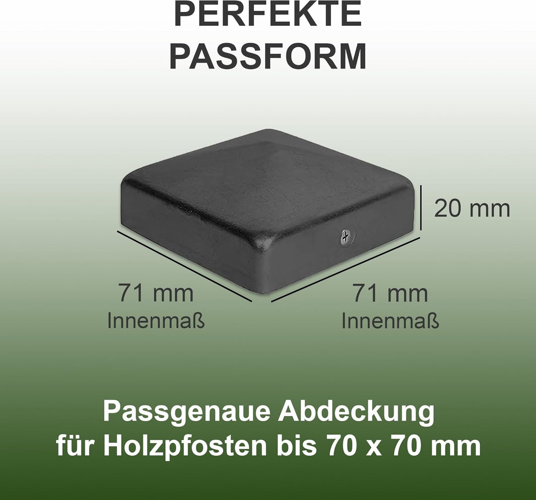 Pfostenkappe | Stahl Schwarz pulverbeschichtet | 71 x 71 mm | 10 Stück | Abdeckkappe für Garten Holz