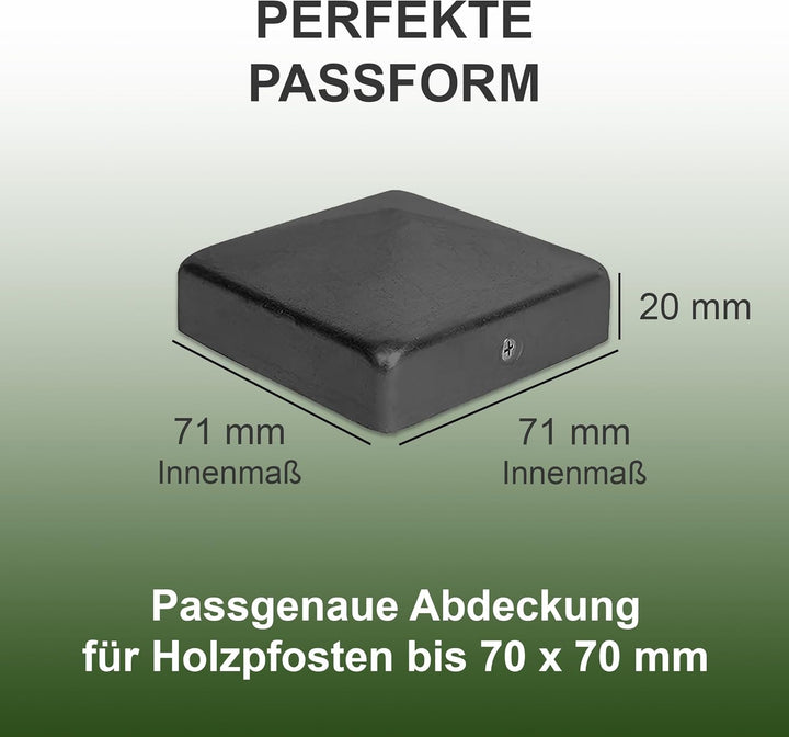 Pfostenkappe | Stahl Schwarz pulverbeschichtet | 71 x 71 mm | 10 Stück | Abdeckkappe für Garten Holz