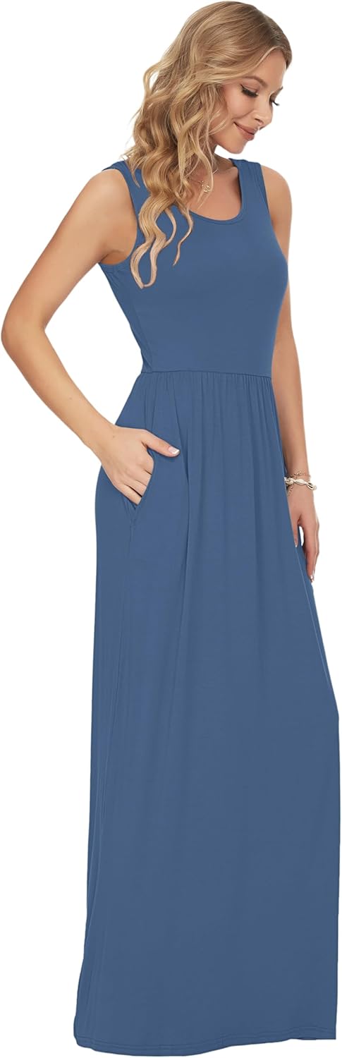 AUSELILY Damen Sommer Ärmelloses Lockeres Maxikleid Lässiges Langes Kleid mit Taschen Beja Blau XL,