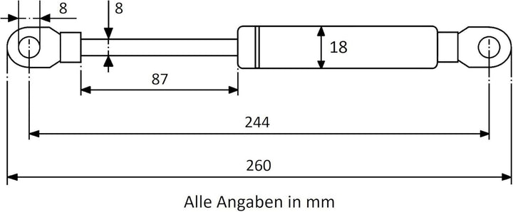 Secuplan Gasdruckfeder 244 mm, 87 mm Hub, 180 N, Ø 8/6 mm, abnehmb. Augen Gasdruckdämpfer, Gasfeder
