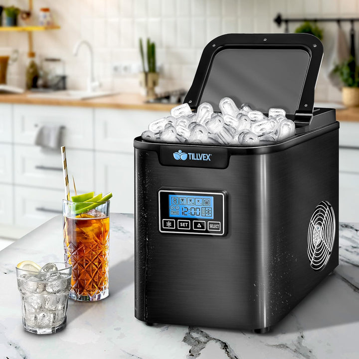 tillvex Eiswürfelmaschine Edelstahl 12 kg - 24 h | Eiswürfelbereiter mit Timer und 2,2 Liter Wassert